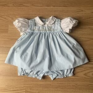 Vintage Petit Ami Kitten Embroidered Baby Dress Set Blue Bloomers 6-12M